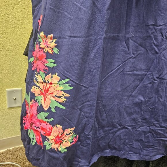 Woman Within 3X  Navy Blue T-Shirt dress with floral pattern at the bottom, 100% - Picture 4 of 5